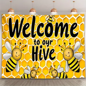 Welcome To Our Hive Backdrop Honeycomb Party Style Tapestry Wall Hanging, Bee Theme Photography Background, Premium Polyester Decorative Banner for Birthday Celebration, Wedding Event, Anniversary Party, Indoor Outdoor Decor