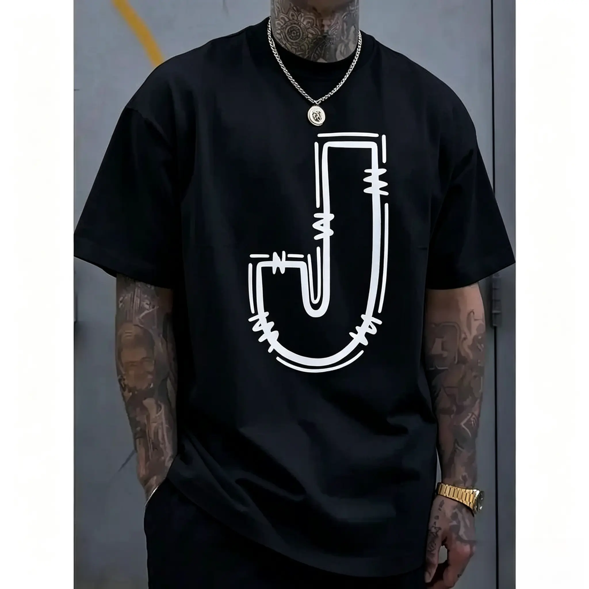 USA-Made Men's Basic Round Neck Short-Sleeve J-Letter Printed T-Shirt - Streetwear Apparel, Comfortable Breathable Casual Sports Top for Spring Summer Vacation Matching (pxt01), Shortsleeve, Soft, Aesthetics, Loose, Menswear, Fashion, Shopping, All Season