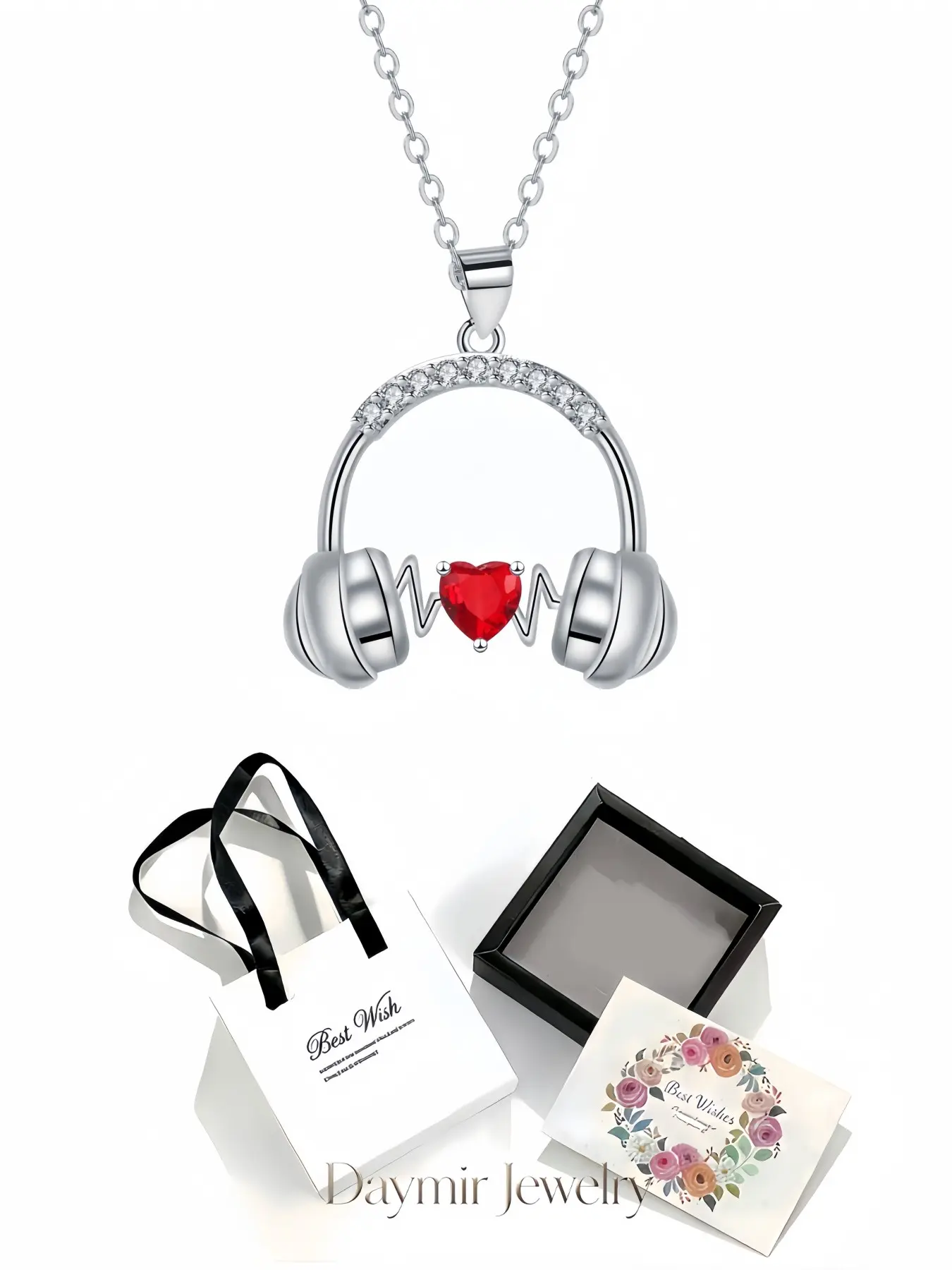 Music Heart Rhythm Necklace, unique new headset-shaped pendant embedded with red gemstones for women. Matched with delicate drawer jewelry box, perfect gifts for birthdays, Mother’s Day, Valentine’s Day, Christmas and anniversaries.
