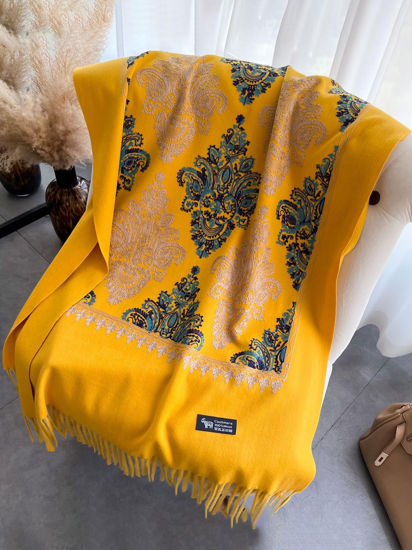 Boho Style Floral & Paisley Embroidery Tassel Decor Shawl, Trendy Casual Soft Warm Double Sided Scarf for Fall & Winter, Fashion Accessories for Women & Men