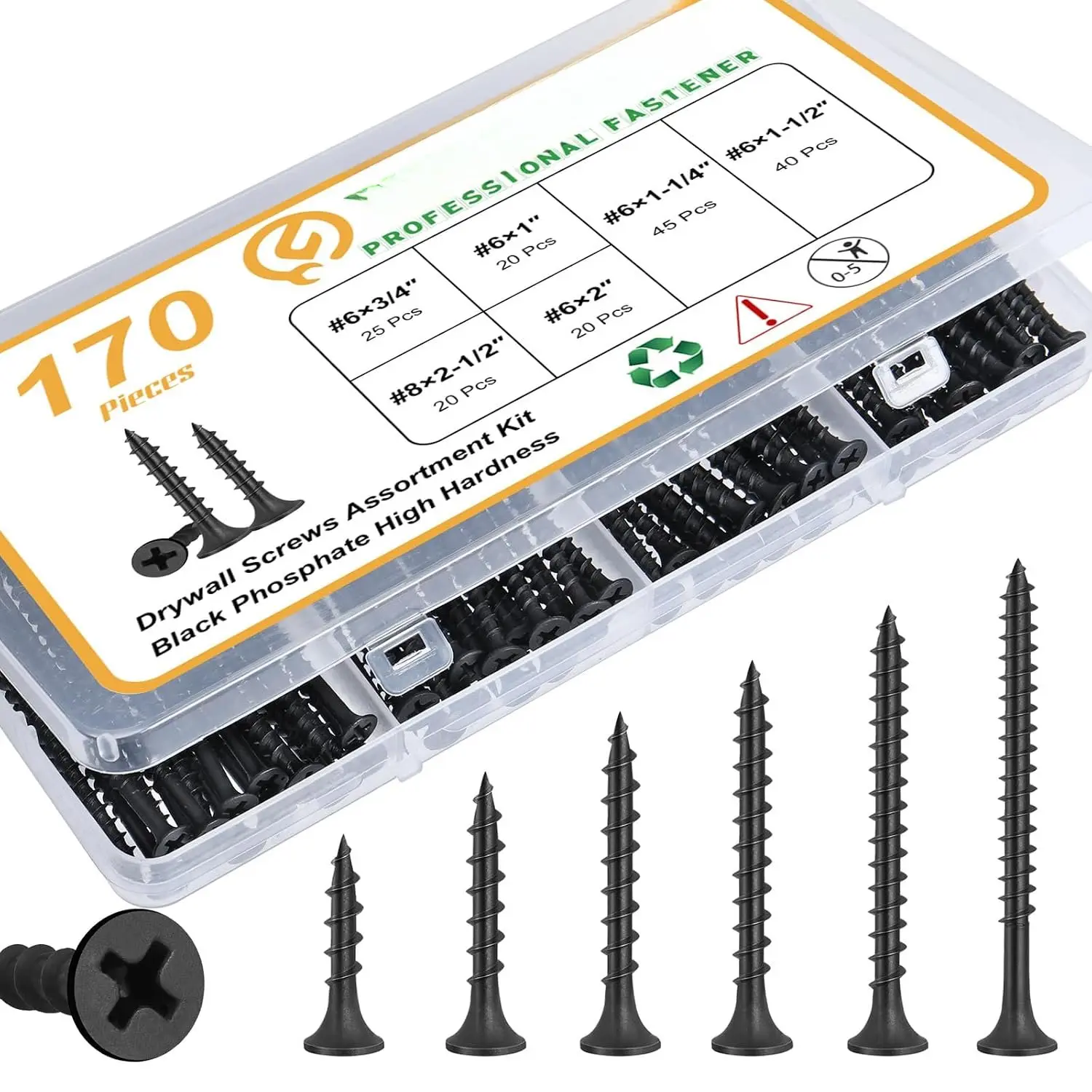 170 count Drywall Screws  Kit, Black  Screws, Sheetrock Screws Set, Coarse Thread, Phillips  Drive, 6 Sizes  Screws  Kit (2-1/2",2",1-1/2",1-1/4",1",3/4")
