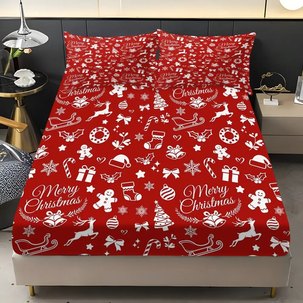 3pcs Vintage Christmas Print Bed Sheet Set, Soft Comfortable Bedding, Breathable Fabric, Suitable for All Seasons, Home Bedroom Use