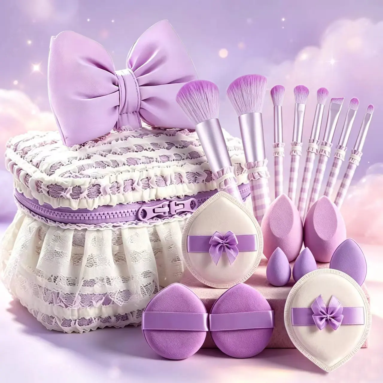 Cute Purple Lace Makeup Brush Set with Storage Bag, Soft Synthetic Brushes for Foundation Eyeshadow Blush, Matching Beauty Sponges & Powder Puffs, Kawaii Cosmetic Tool Kit for Girls Make‑Up
