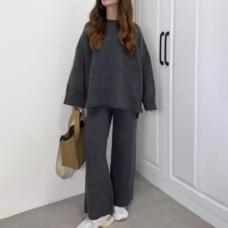 Women’s Knit Two Piece Set, Sweater Top & Wide Leg Pants Matching Outfit, Soft Cozy Lounge Wear Set, Casual Minimalist Fall Winter Sweater Suit for Daily Wear, Travel, Coffee Date and Home Relaxing