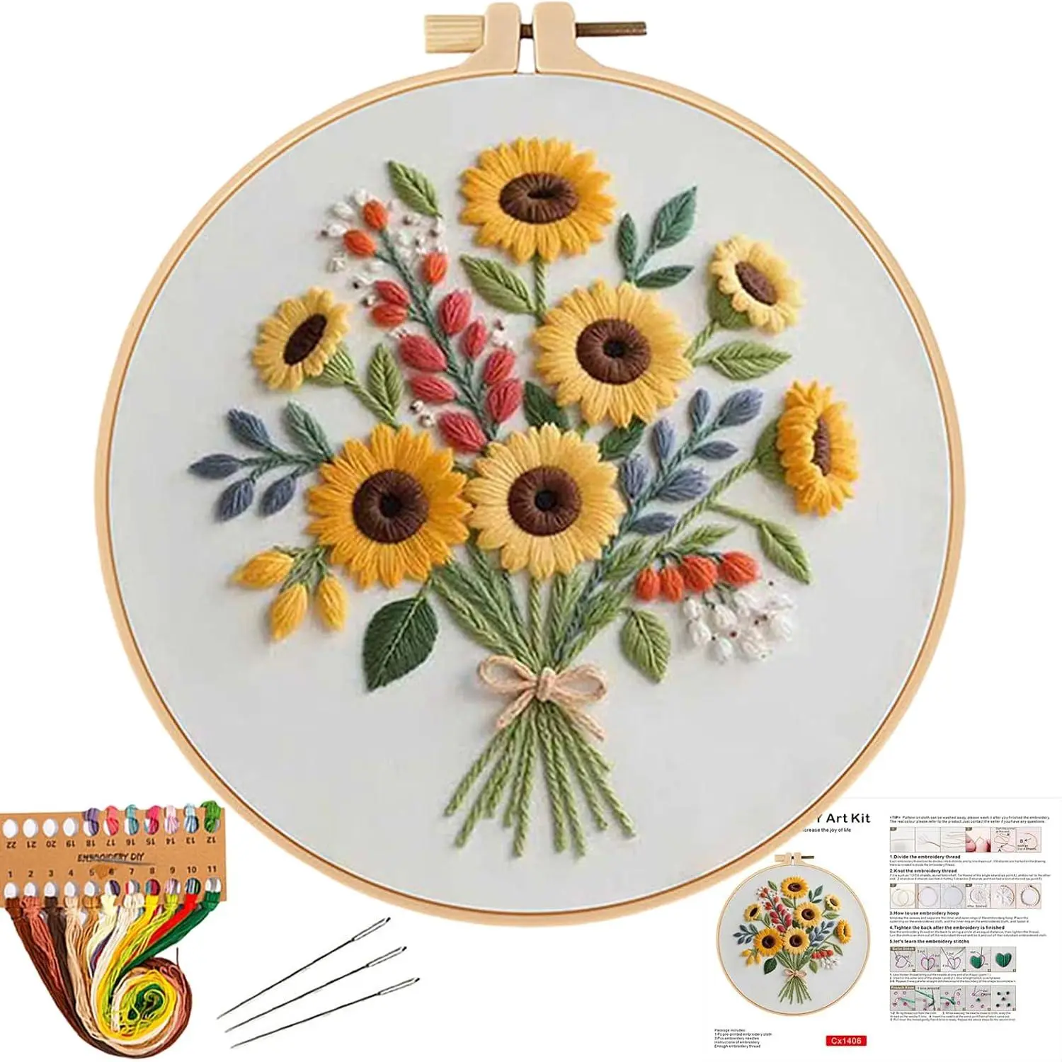 Beginner-Adult Stamped Flower Embroidery Kit with Synthetic Threads, Fabric, Hoop & Instructions, Complete DIY Needlework Craft Set for Toys & Hobbies