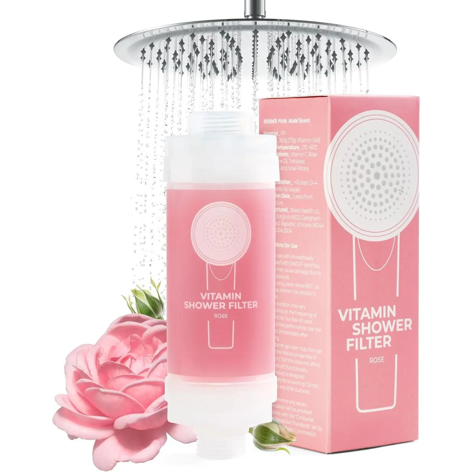 Rose-Scented Vitamin C Shower Filter & Water Softener Attachment - Synthetic Tool-Free Easy-Install Care Solution for Hard Water, Softening to Reduce Dry Itchy Skin & Nourish Hair