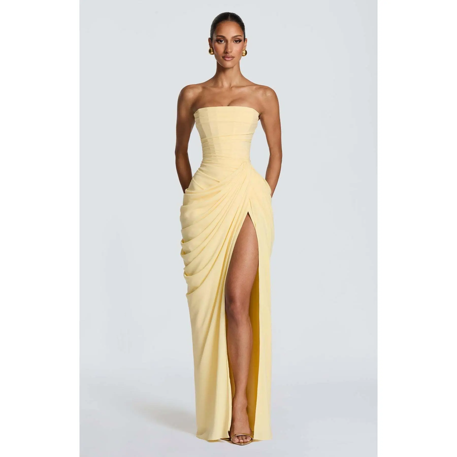 2026 New Asymmetrical Pleated High-Slit French Romantic Strapless Pleated Dress