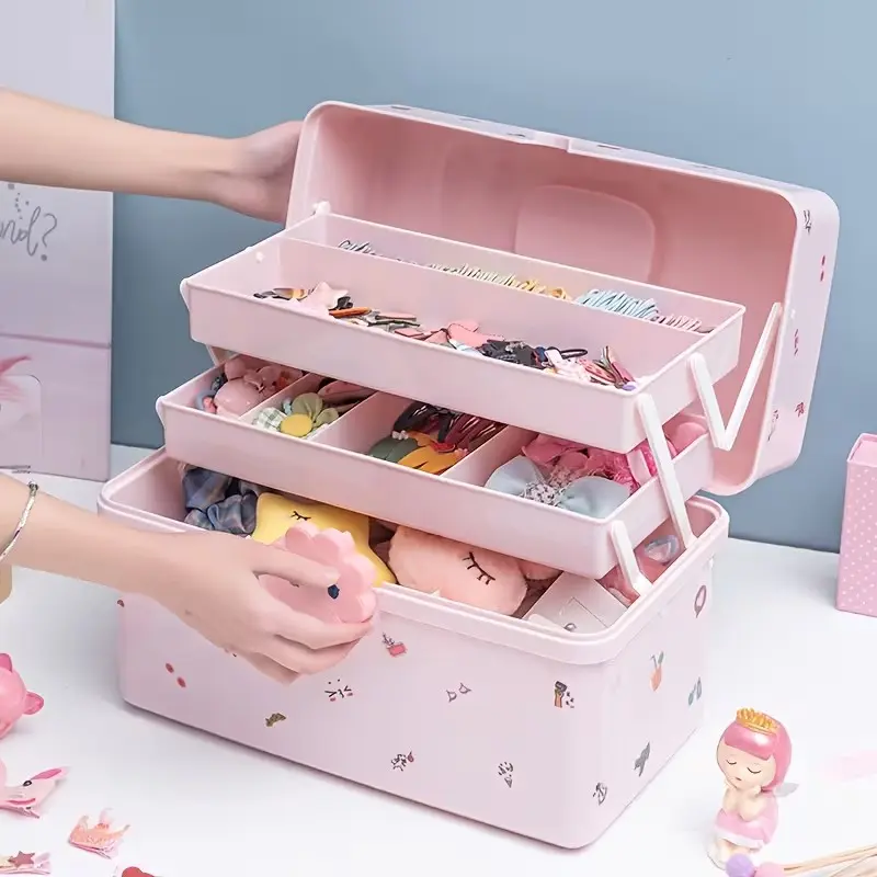 1pc Jewelry Storage Box with Handle, Foldable Three-Layer Organizer, Lockable, for Hair Clips, Headbands, Cosmetics, Sewing Supplies