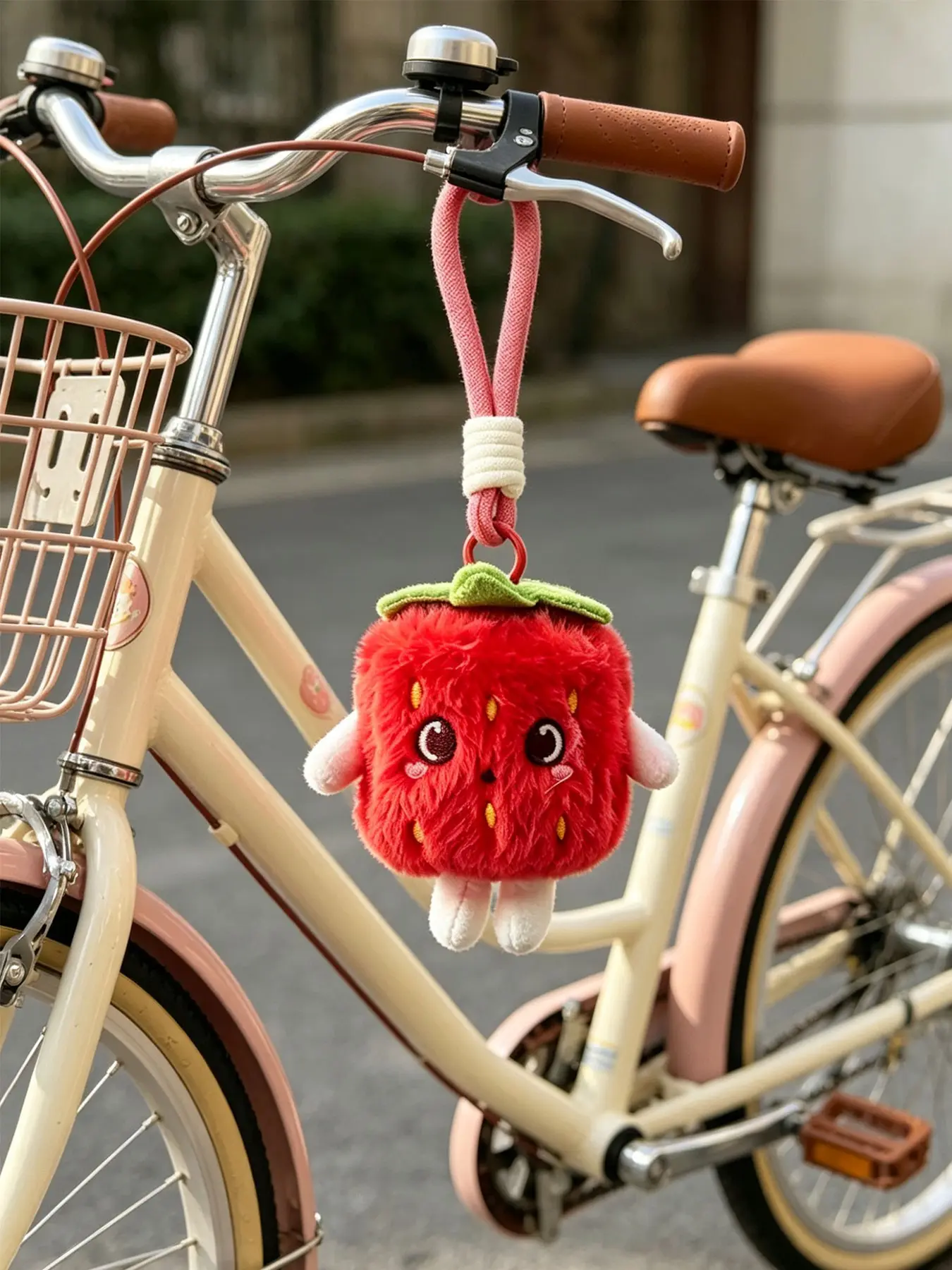Cute Strawberry Plush Keychain, Soft Fluffy Material, Bright, Stem, Embroidered Seeds, Durable Woven Strap, Fruit Style Gift