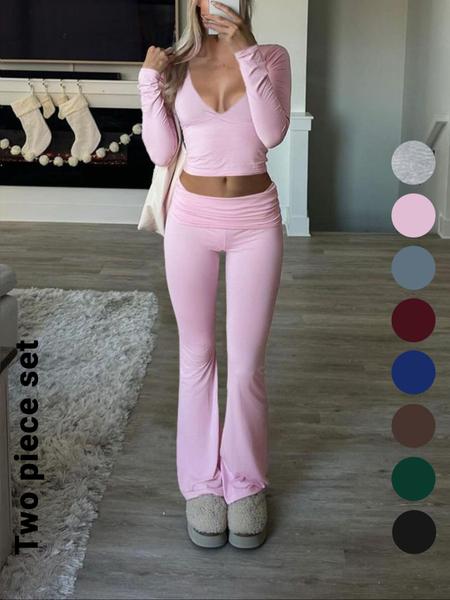 Slim-Fit Crop Top & Pants Two-Piece Set, Solid Color V-Neck Long Sleeve for Fall and Winter, Airport Outfit Slim-Fit Crop Top & Pants Two-Piece Set, Solid Color V-Neck Long Sleeve for Fall and Winter, Airport Outfit