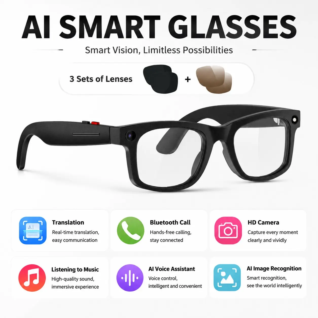 Ai Smart Glasses, Video Recording, 5mp Camera, Translation, Bluetooth-compatible, Open Ear Canal Audio, Decorative Lens, Non-Button Cell Battery