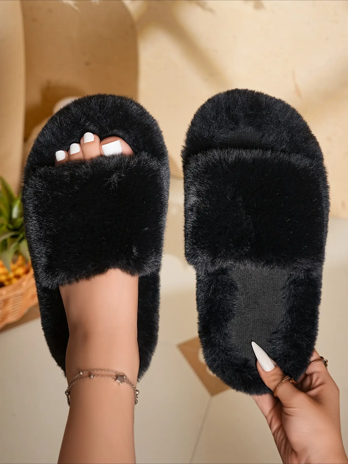 1 Pair Women's Thick Faux Rabbit Fur Open Toe Fluffy Slide Slippers, Soft Warm Non-Slip Flat Furry Slides, Minimal Lazy Style Versatile Footwear for Bedroom, Dorm, Indoor & Outdoor Daily Wear