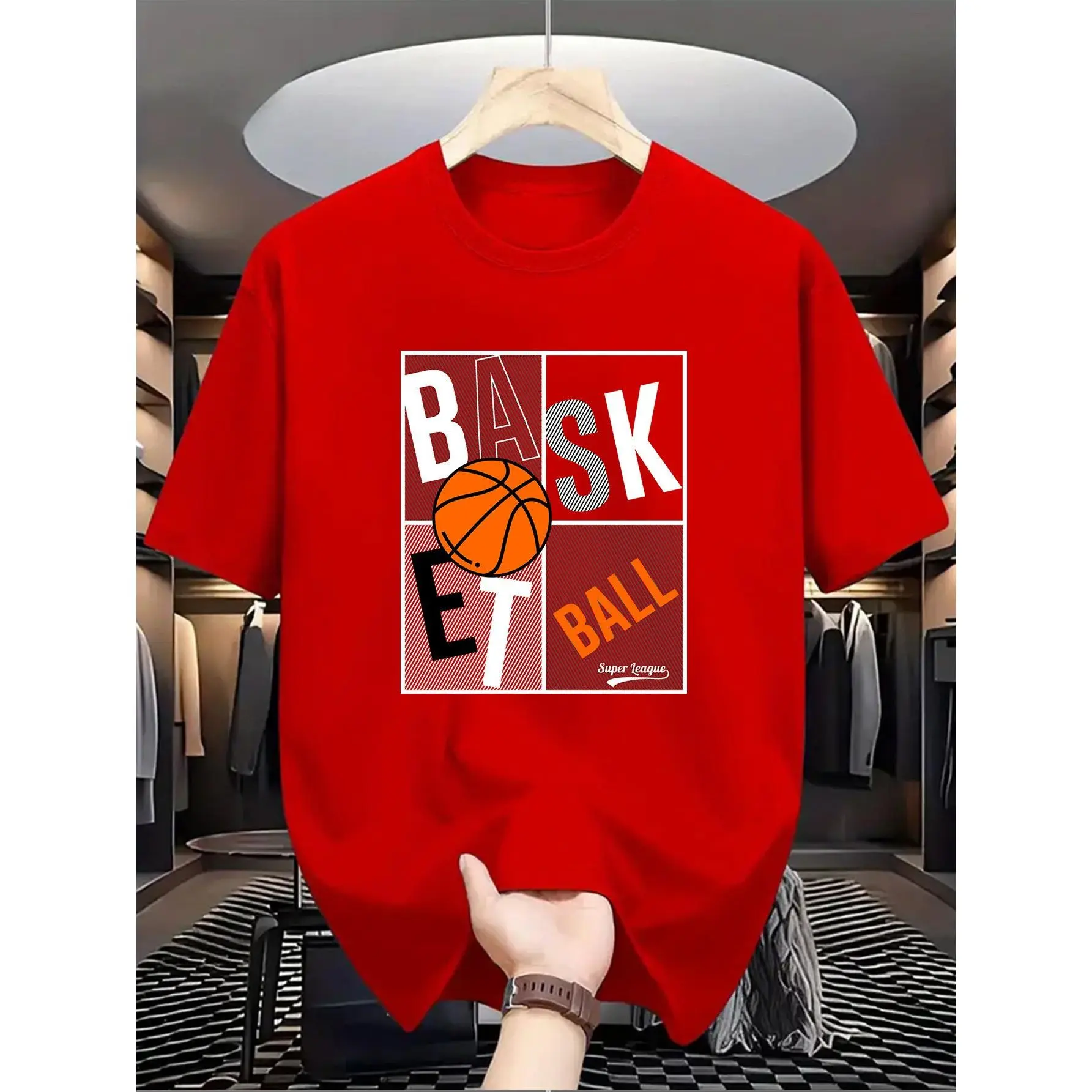 Men'S Basketball Graphic drippy T-Shirt - 100 Cotton Crew Neck Short Sleeve Tee with Bold BASKETBALL Print Geometric Design, Breathable Machine Washable, Regular Fit for Sports Fans Casual Wear, Basketball Shirt, Sports Fan Apparel, Sporty Casual Style
