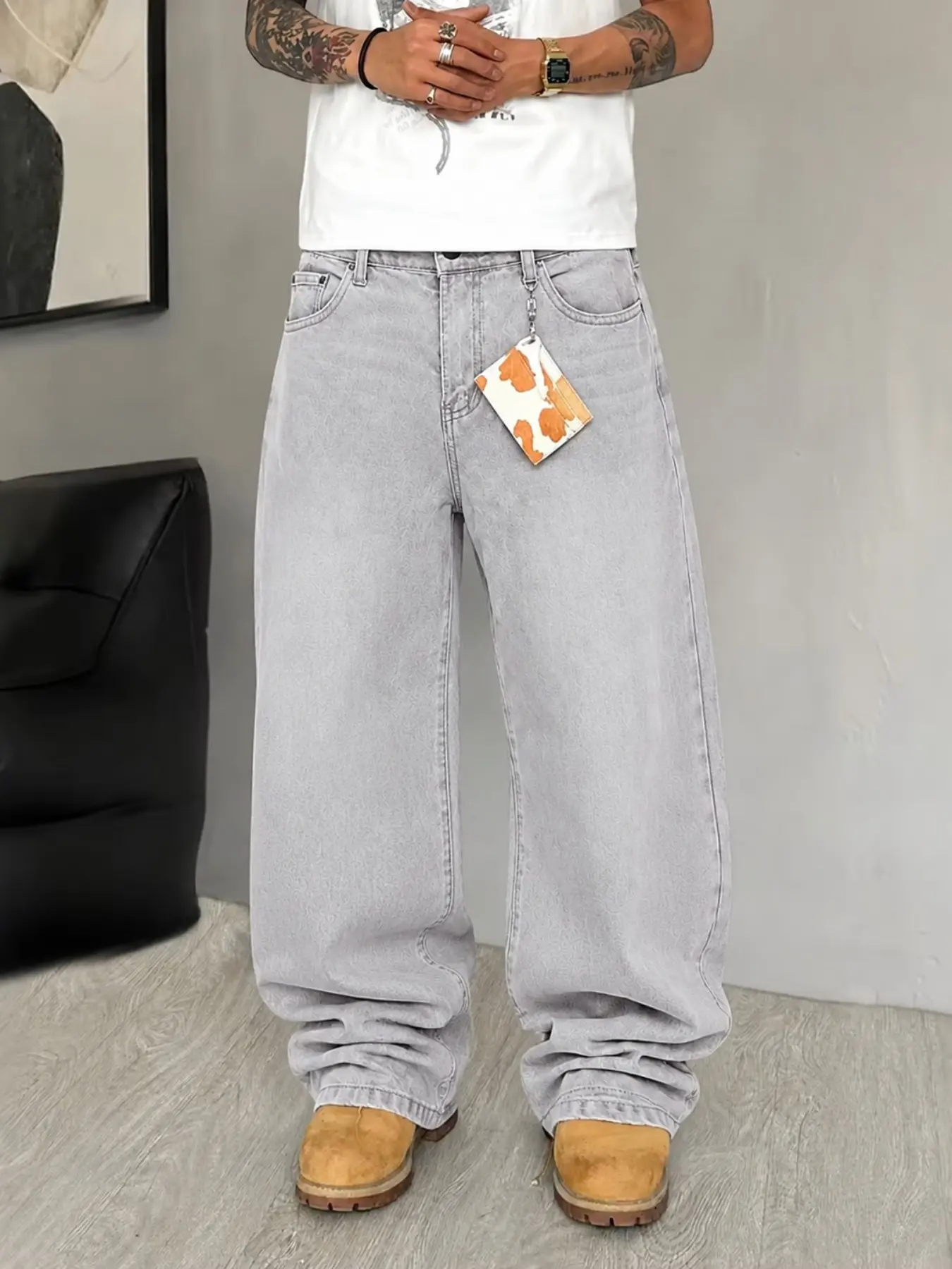 Men’s Light Gray Washed Jacquard Jeans, Loose Straight Leg Relaxed Fit Denim Pants for Casual Y2K Streetwear