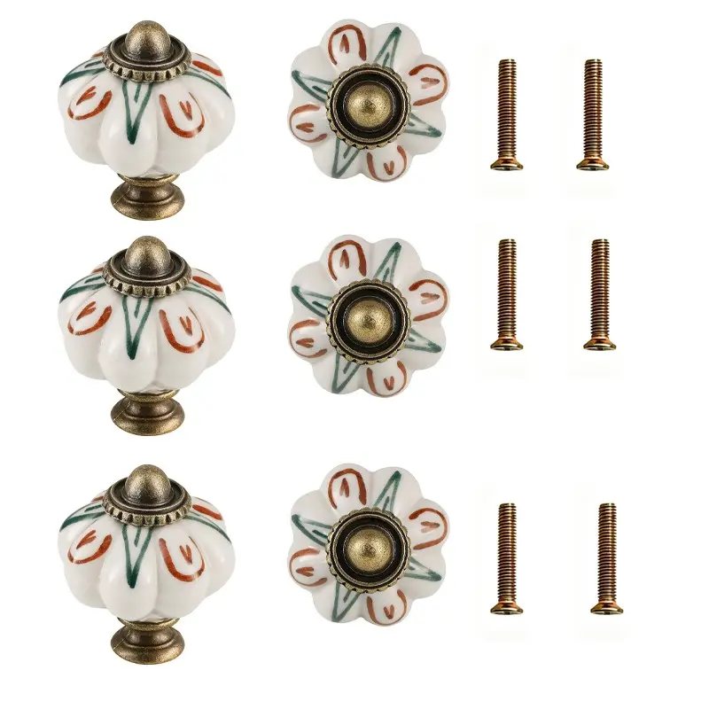 Ivory Pumpkin Knobs 6-Piece Set, Ceramic Cabinet Handles, Vintage Drawer Pulls, Antique Vanity Hardware with Screws, Floral and Aloe Design