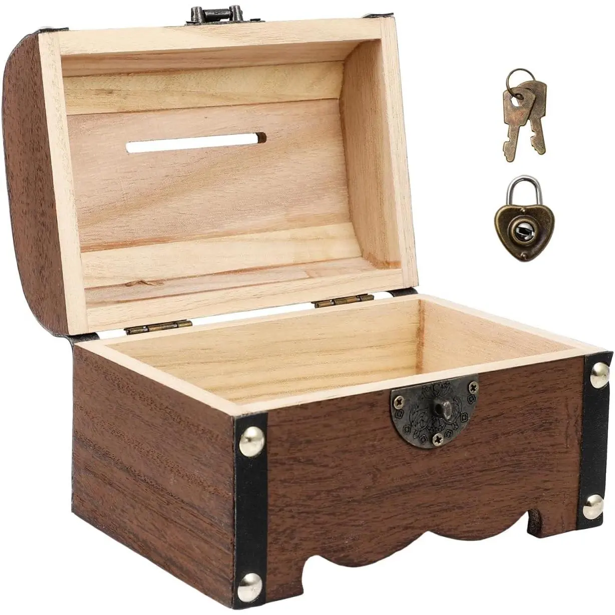 Vintage Wooden Treasure Box with Lock and Key 5.70X3.93X3.93In Small Piggy Bank Organizer for Coins Jewelry Home Decor Gift
