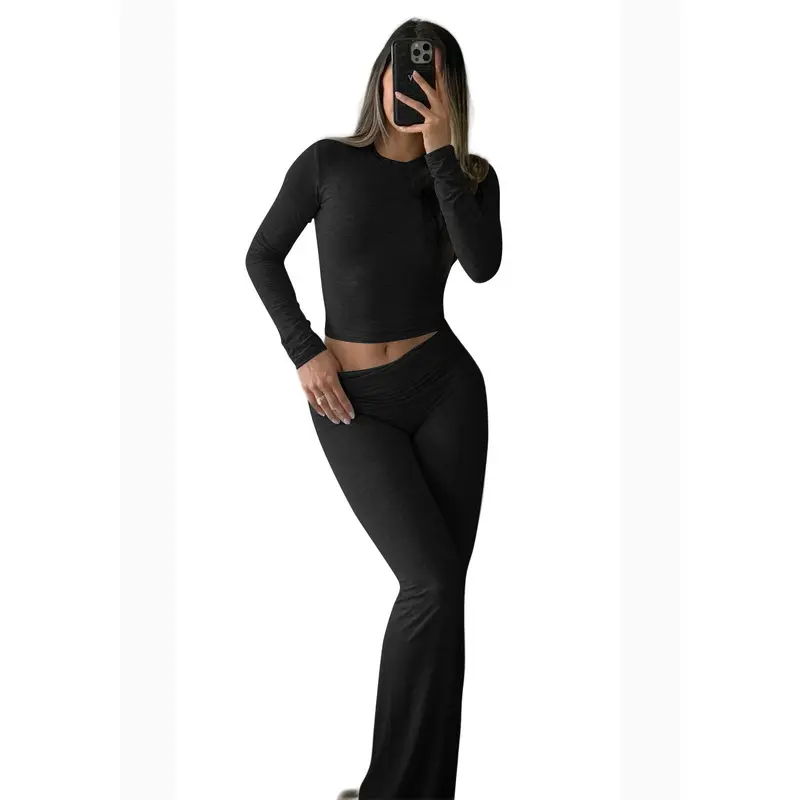 Women's 2-Piece Sports Clothing Set, Casual Long-Sleeve Top, High-Waist Fold-Over Flare Leggings, Streetwear Chic Outfit for Sports & Outdoor Activities