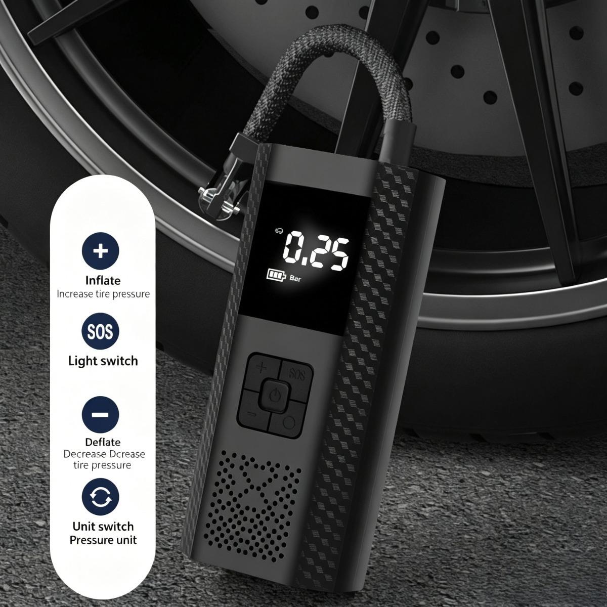 Portable Cordless Tire Inflator, 12V Wireless Car Air Pump with Digital Display, Rechargeable Battery Powered Tire Inflator with Power Bank Function Reusable