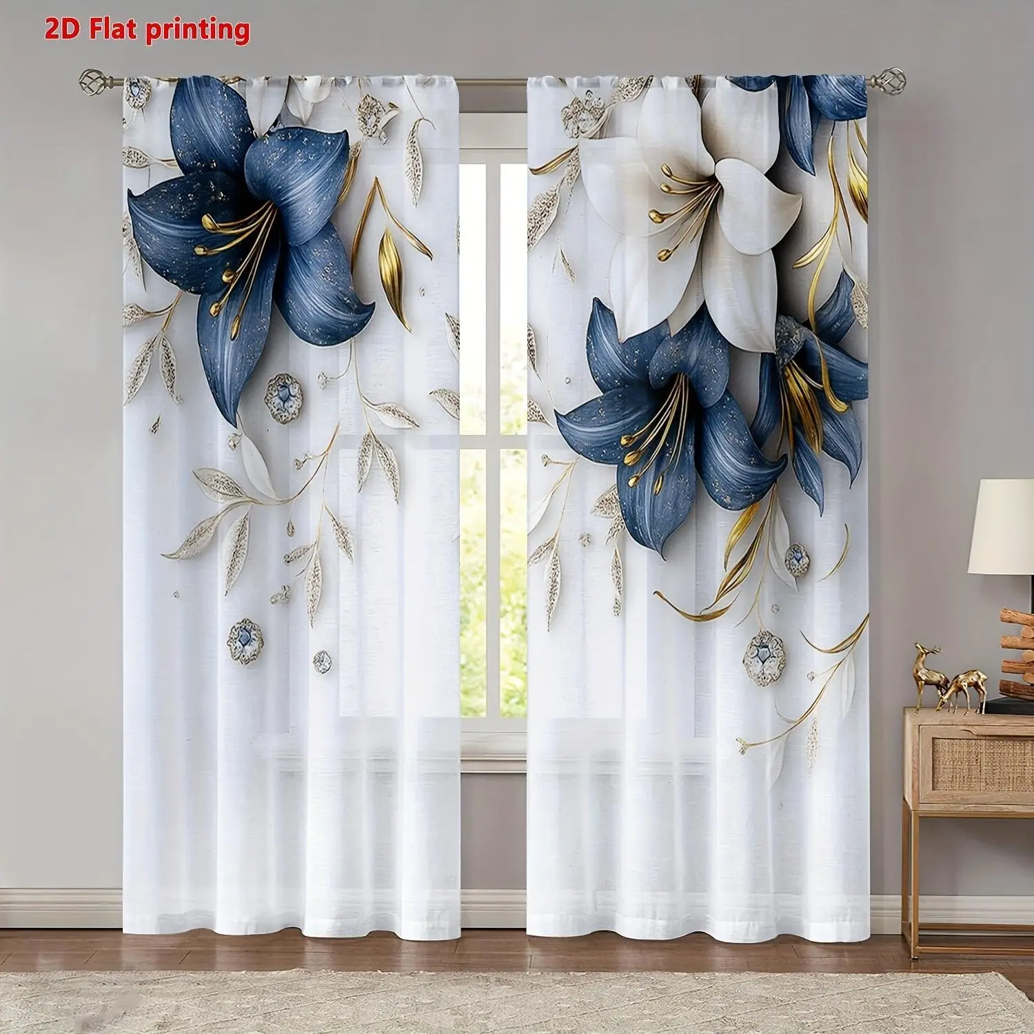Luxury Blue Lily Print Curtains 2pcs, New Chinese Style Living Room Bedroom Sheer Curtain, High-End Floral Floor-To-Ceiling Curtain