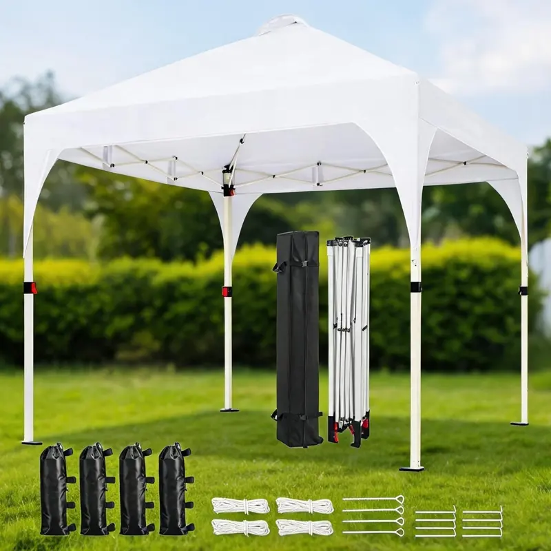 10x10 ft breathable pop-up white canopy tent, instant outdoor shelter bundled with rolling storage bag, sand weights, ground stakes and wind ropes