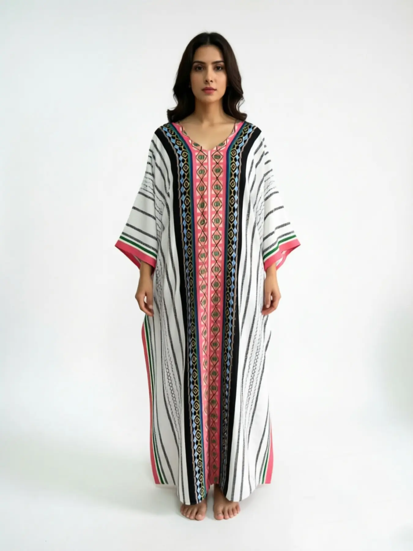 Arabic Vintage Print Long Abaya, Middle Eastern Ethnic Style Striped V-Neck Loose Robe, Vacation Outerwear, Traditional Clothing