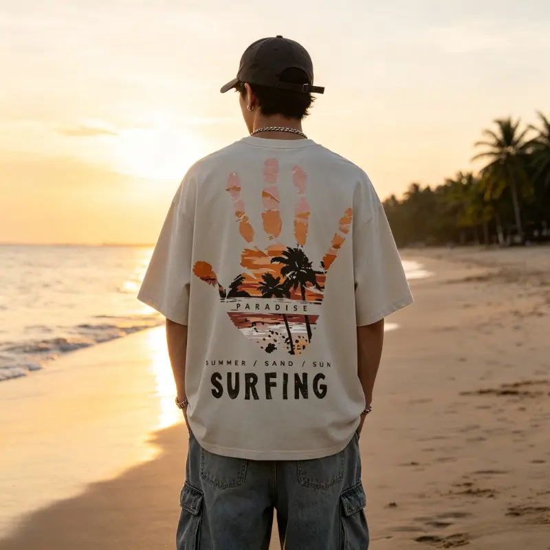 Oversized Pink Heavyweight Cotton T Shirts for Men Sunset Palm Surf Print Back Graphic Loose Fit Casual Short Sleeve Beach Surf Street Tee