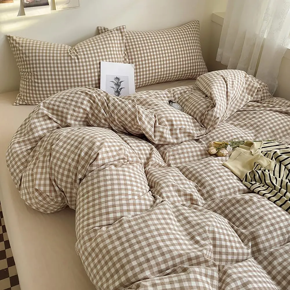 Brown Gingham Comforter Set Twin Size Tan Checkered Comforter 2 Pieces Soft Lightweight Grid Farmhouse Dorm Bedding Set for All