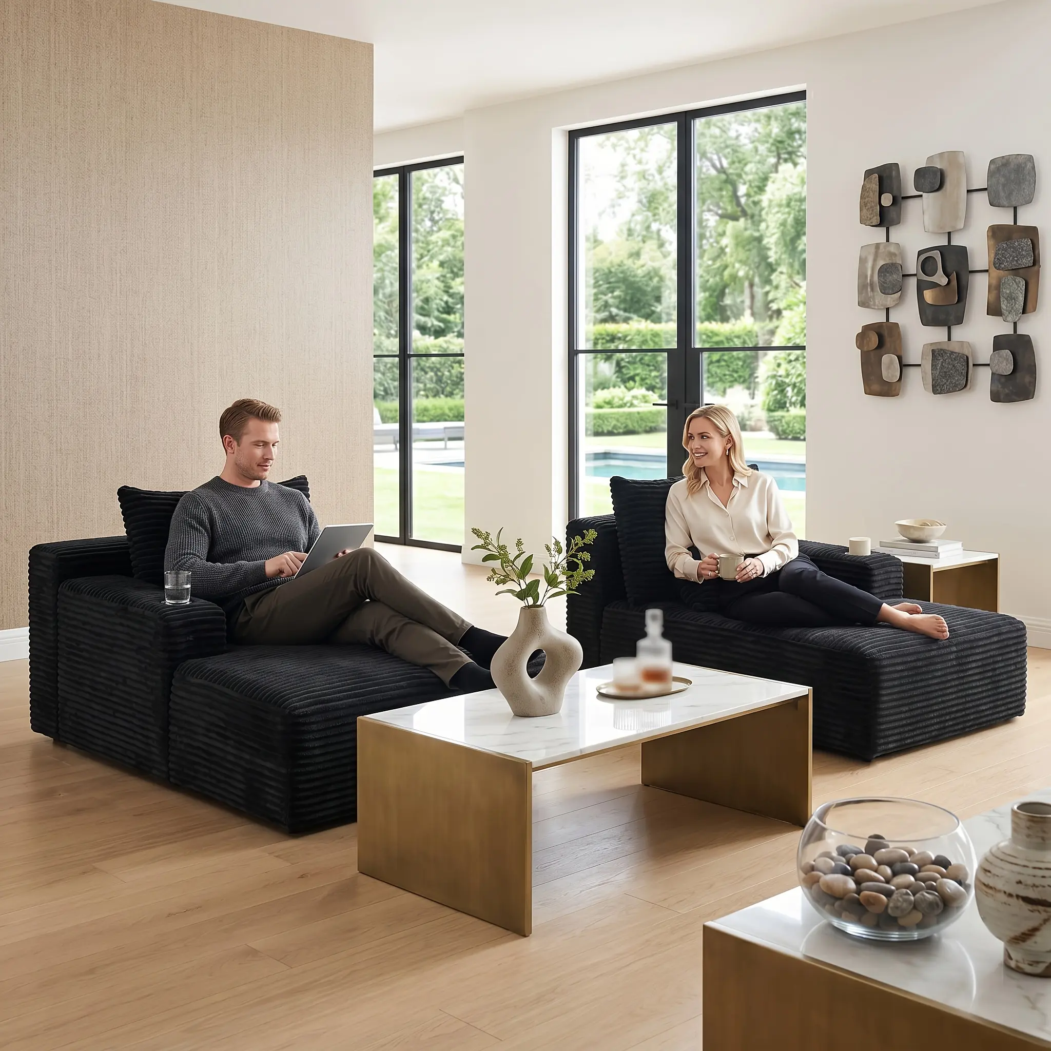 Space-saving compressed sofa bed for small apartments, frameless cloud-shaped chaise lounge for reading, corduroy deep-seated model with armrests, cup holders, cushions, and backrest, freely combinable left and right, no assembly required, suitable for li