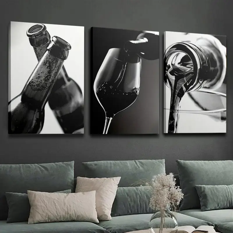 3 Framed Canvas Art Posters - Black and White Wine Cup Design, Hanging, High-Definition Printing, Home Wall Decor for Bar, Living Room, Ideal Gift for Home Supplies, Office Artwork (Rectangle)