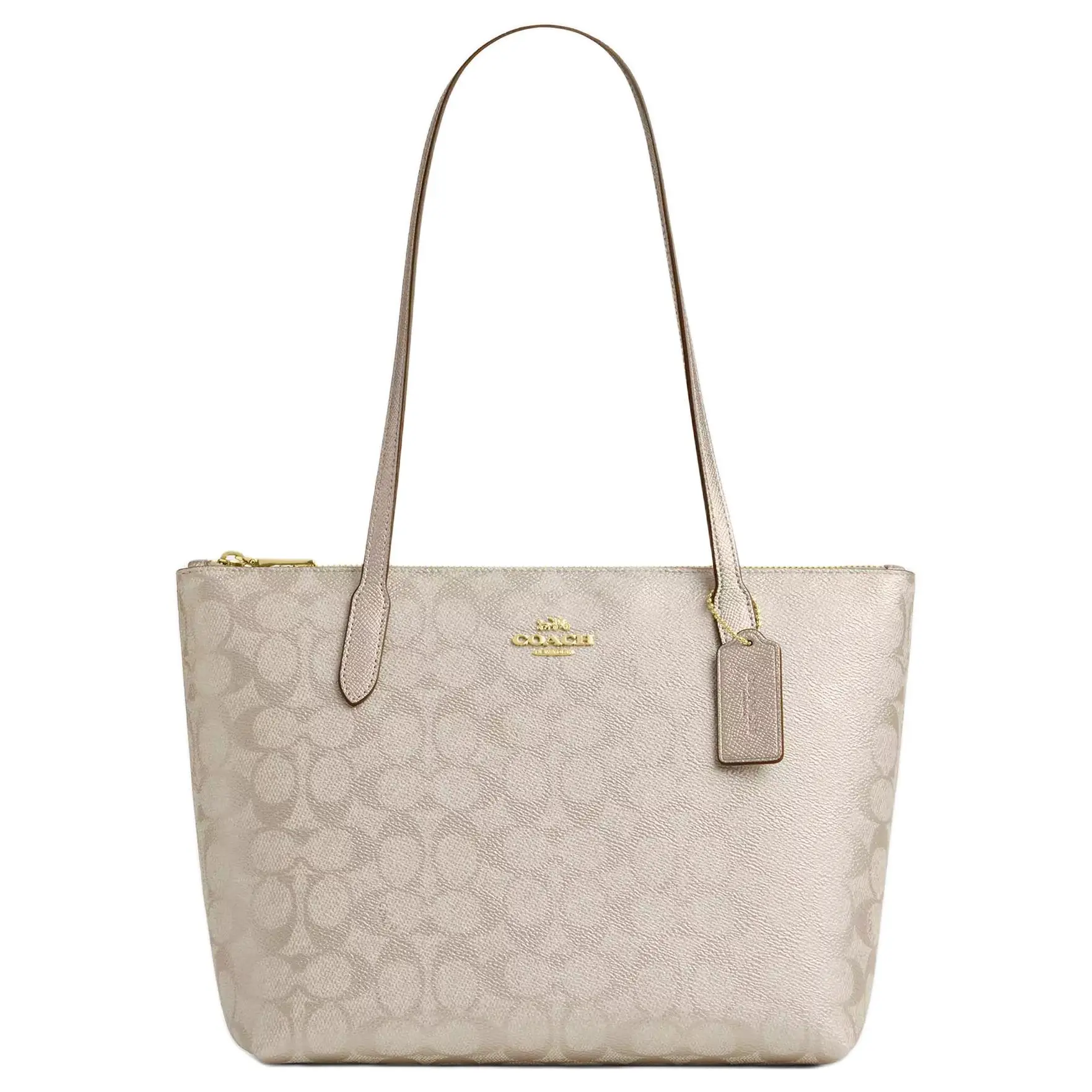 COACH Fiona 24 Classic Logo Zip Top Handle Tote Bag for Women, Medium Size, Champagne Multicolor