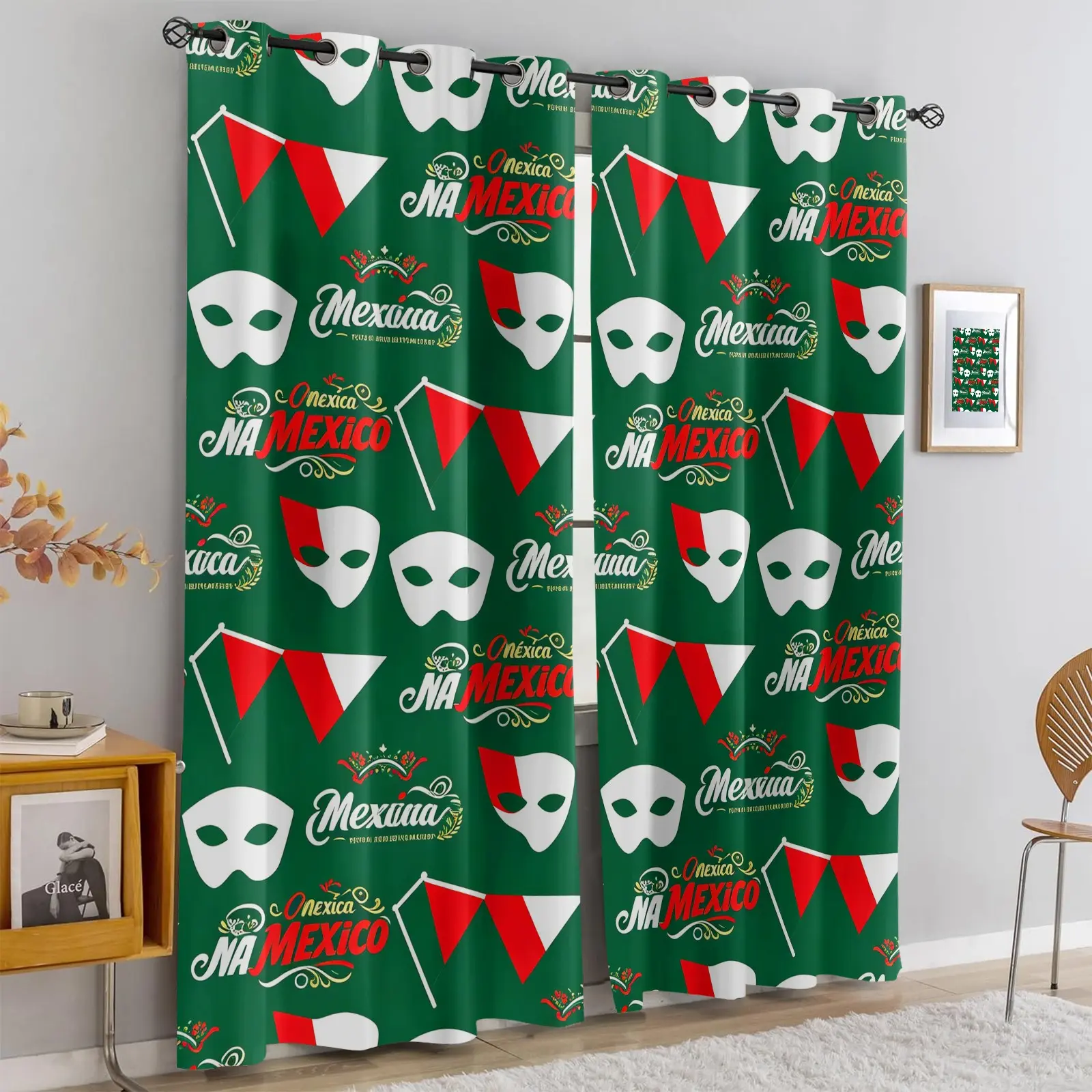 2Pcs Mexican Traditional Soccer Curtains, Fresh Red Green Color Scheme, 85% Blackout, Versatile for All Modern Exotic and Sports Home Decor Styles