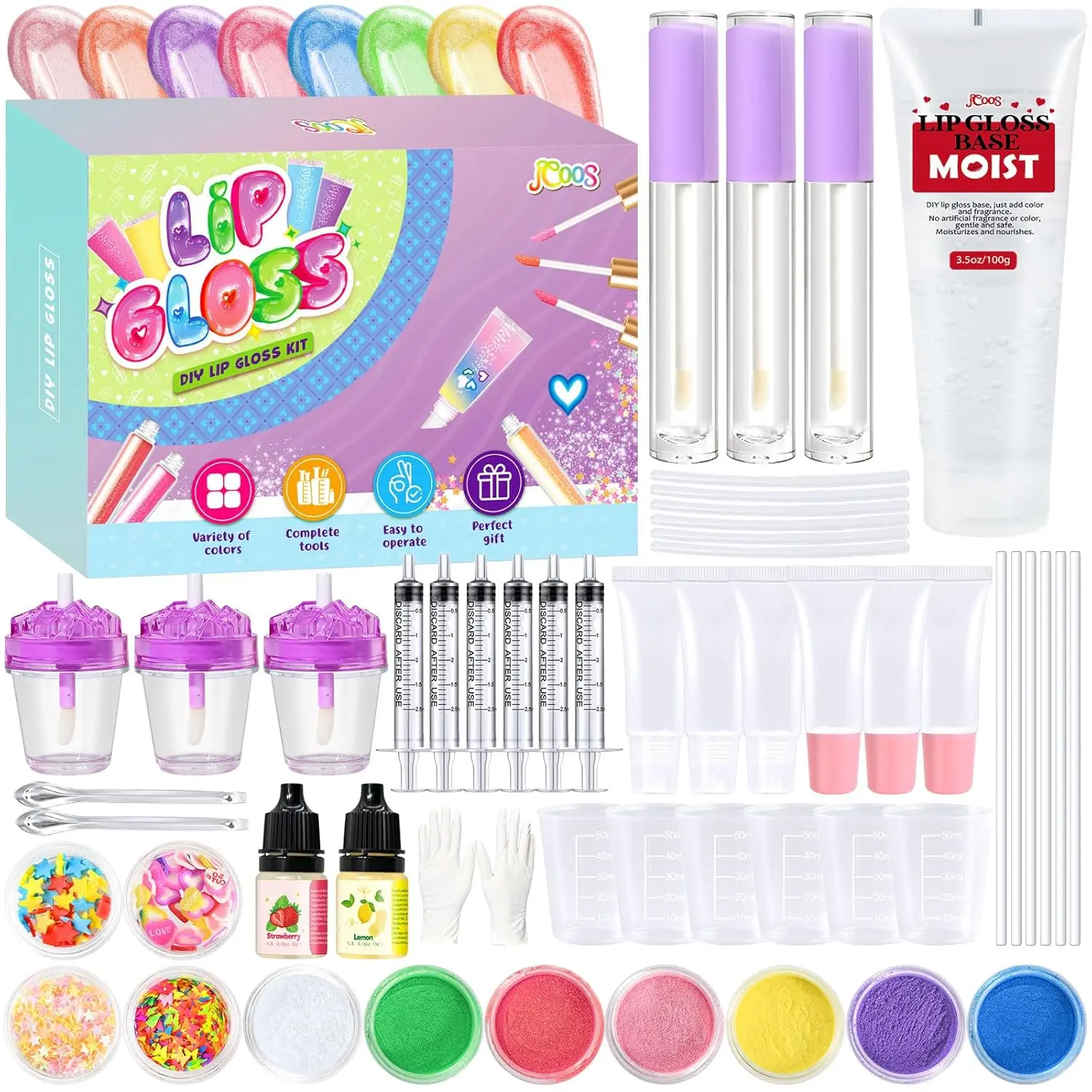 Jcoos Lip Gloss Making Kit, Fun Lip Gloss Kit to Make Your Own Lip Gloss with Moisturizing Lipgloss Base, All-Inclusive Moisturizing Handmade Lip Glaze Supplies Set for Beginner Women