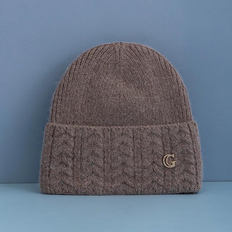New Style Simple Chic Winter Hat G Letter Decor Rabbit Fur Beanie Elegant Winter Hats For Women Candy Colors Warm Knit Hats