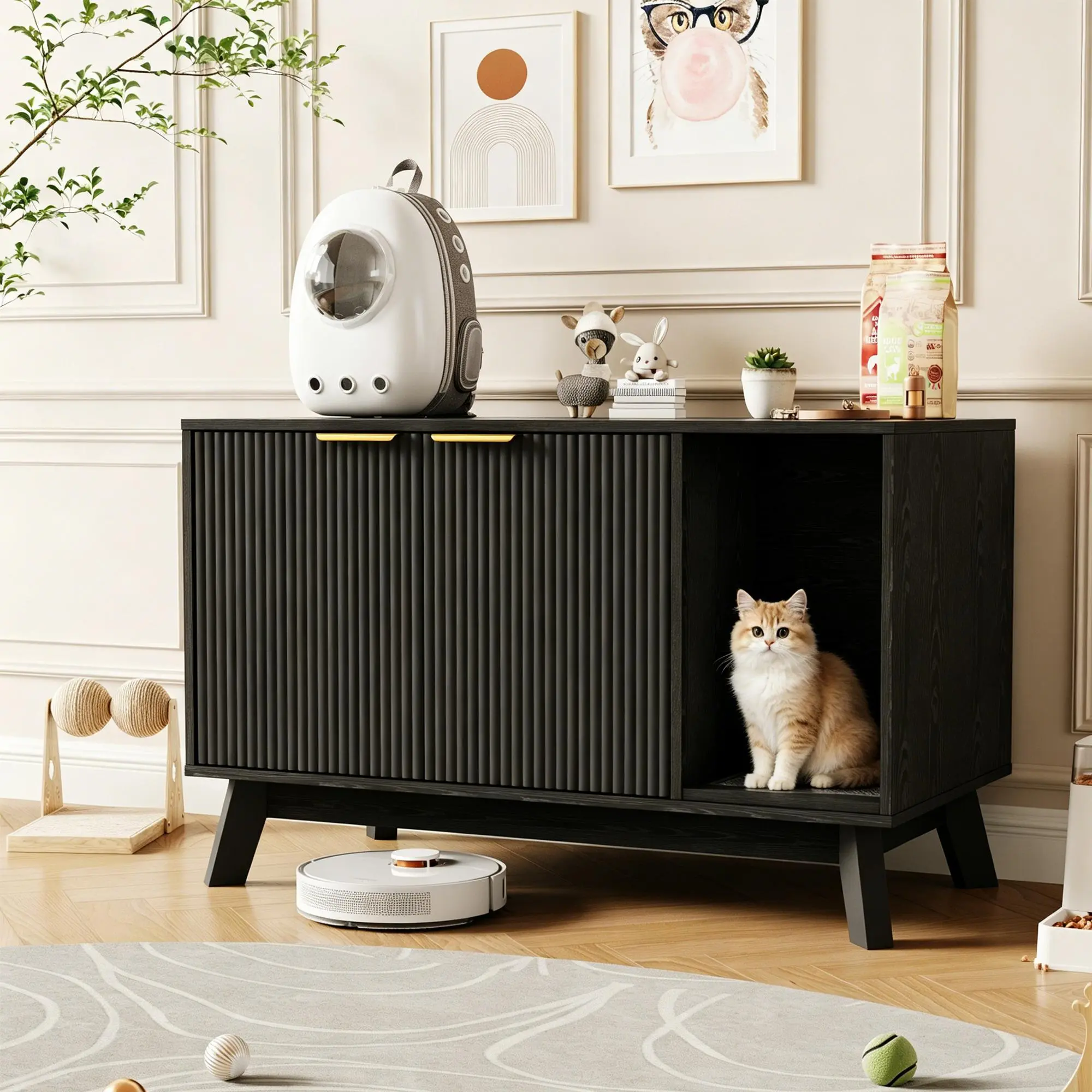 Black Hidden Litter Box Enclosure, 39.4" Modern Cat Litter Box Furniture with Mat & Ventilation Holes, Dual-Use Side Table for Living Room Indoor Cat House, Dual-Use Table