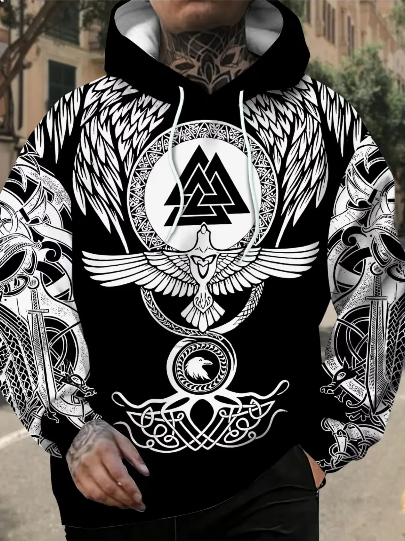 Men's Nordic Mythology Viking Totem Digital Print Hoodie, Casual Long Sleeve Pullover, Streetwear Sportswear, Fashion Graphic Jacket