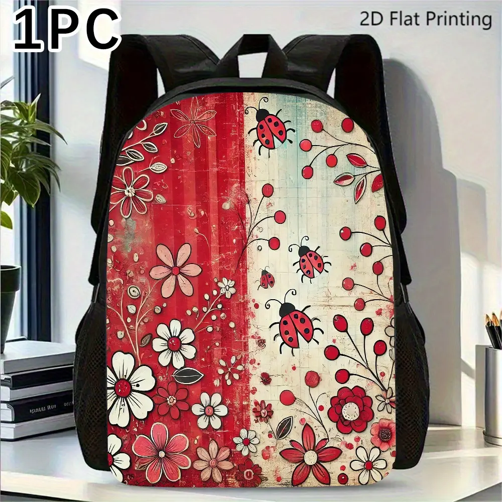 Cute Preppy Ladybug Print Backpack with Applique Details, Polyester-Lined, Adjustable Straps, Zip Closure for School, Travel & Casual Wear