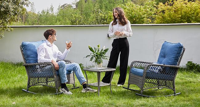 Amopatio Greenish Spring 3-Piece Patio Rocking Bistro Set, Wicker Outdoor Furniture with Thick Cushion Chair and Table for Backyard Garden Porch Deck Family Party