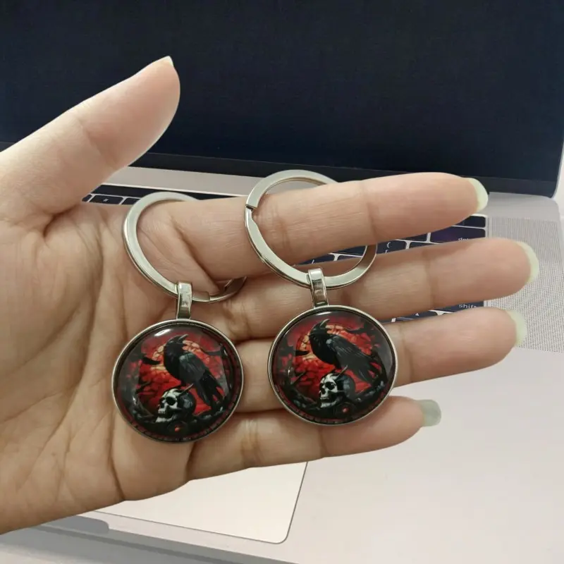 2-Pack Crow Glass Pendant Keychain, Halloween Gift, Festival Gift, Friend Gift, Elegant Hanging Ornament, Blood Background