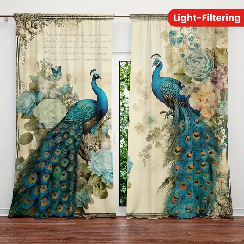 2 pieces of high-definition digital vintage peacock flower printed curtains, Window curtains, offer semi-transparent protection for privacy, are resistant to fading, can be hand-washed or machine-washed, and are suitable for home decoration