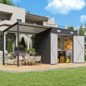 6x4FT Outdoor Storage Shed & Hardtop Gazebo Combo, 12x4FT Metal Lean to Shed with Open-Sided Pergola, 2-in-1 Durable Garden Tool Shed for Patio, Backyard, Deck