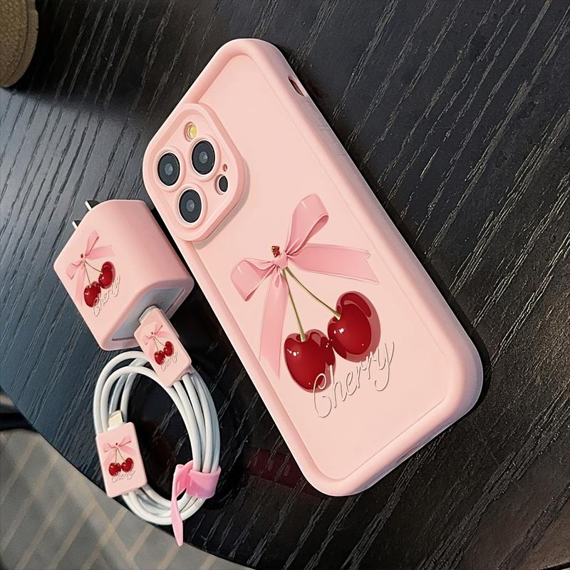 Cherry & Bowknot Pattern Phone Case with Charger Head Cover & Cable Protector & Storage Rope, Anti-drop Phone Cases for iPhone, Casing