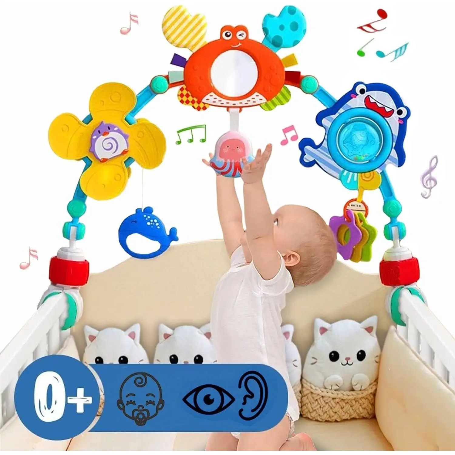 Adjustable Crab Animal Shapes Multi-Colors Prop 65 Safe Baby Sound Toy Mobile Bar - Crib Bed, Stroller, Car Seat Arch Toy for Infants (S-19)