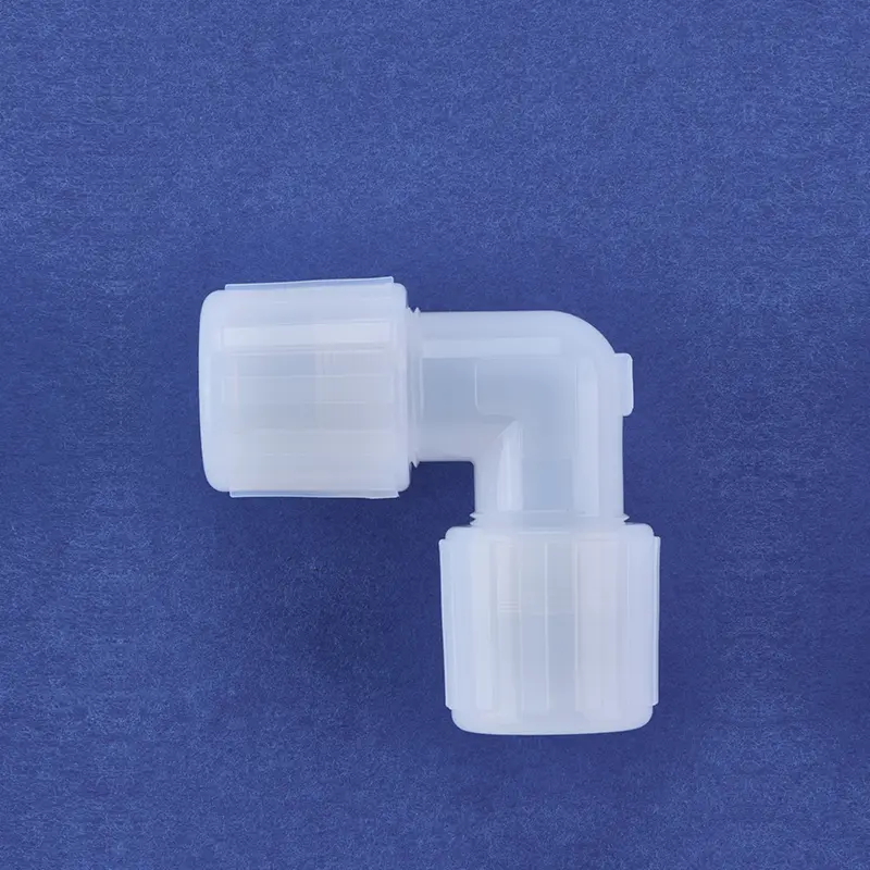 Specialized PFA connectors required by the semiconductor industry, flared fittings, and straight elbows with equal diameters; technical parameters meet SEMI F57 cleanroom standards for the semiconductor industry.