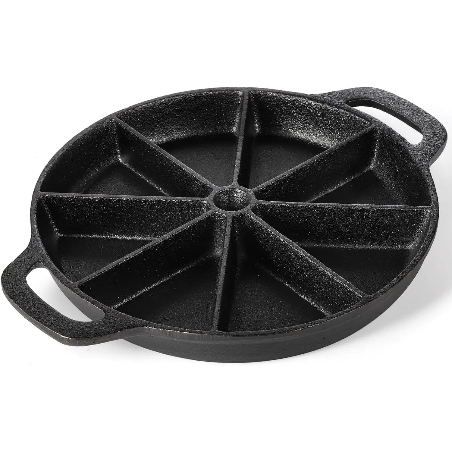 WUWEOT Cast Iron Wedge Pan, Non-Stick Round Cornbread Skillet, Black 8-Edge Biscuit Pan with Double Handles for Scones, Corn Sticks, Muffins, Cupcakes & Brownies
