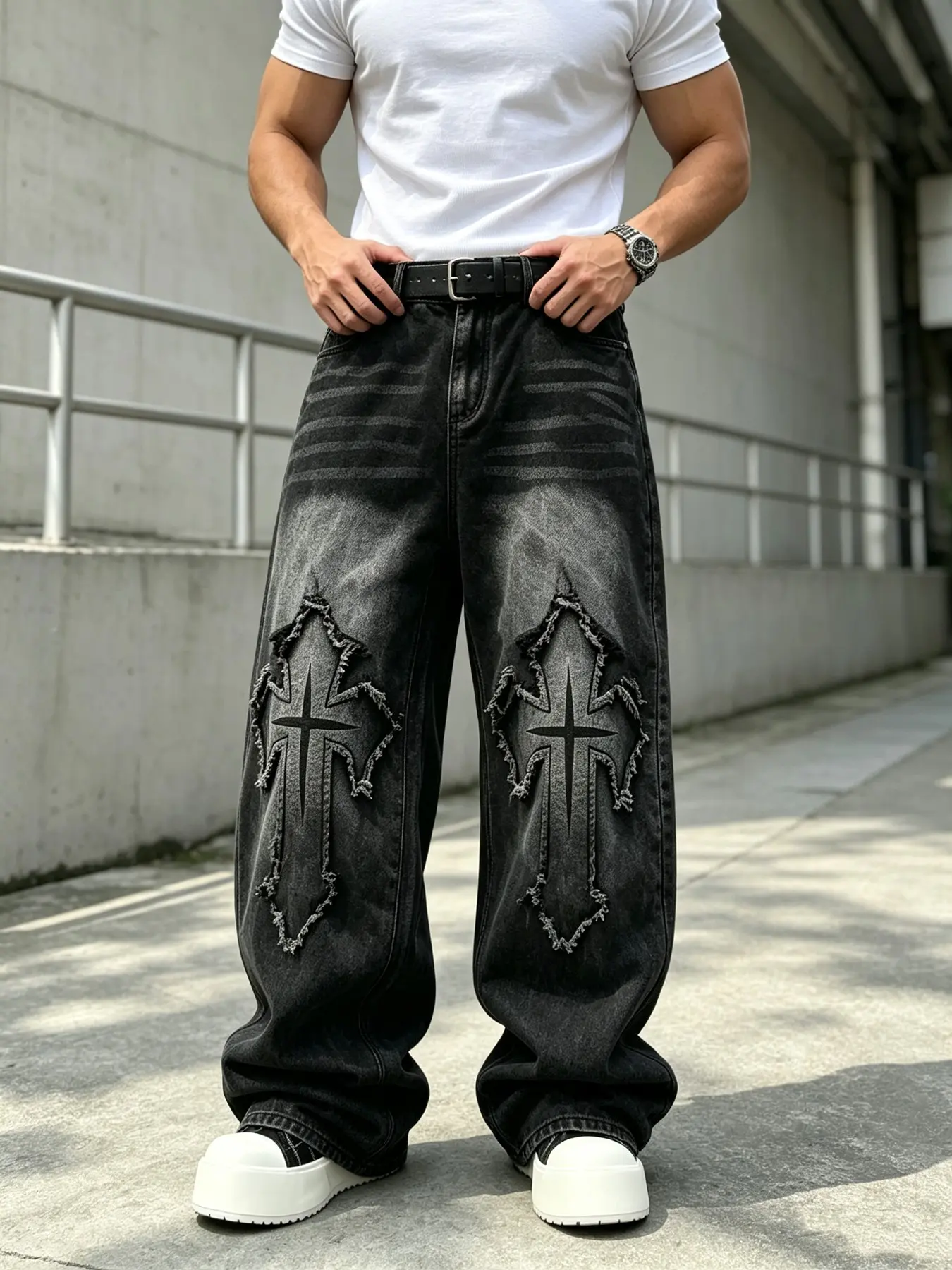 Men's American Street Style Floral Embroidered Baggy Jeans, Loose-Fitting Long Pants, All Seasons, Multiple Colors Available