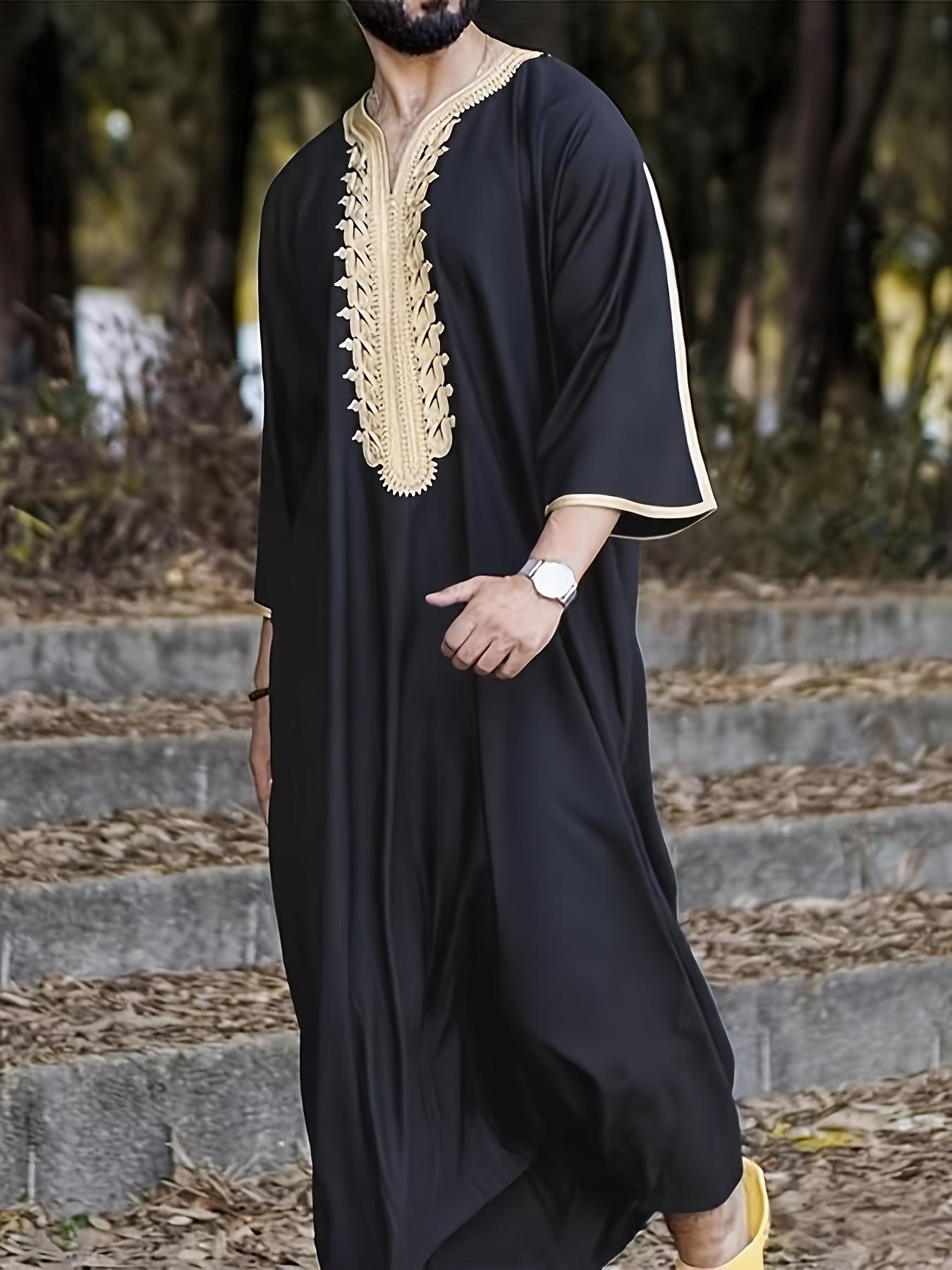 Men Islamic Robe Muslim Kaftan Half Sleeve V Neck Vintage Casual Dubai Saudi Arabia Men Clothing Embroidery Jubba Thobe