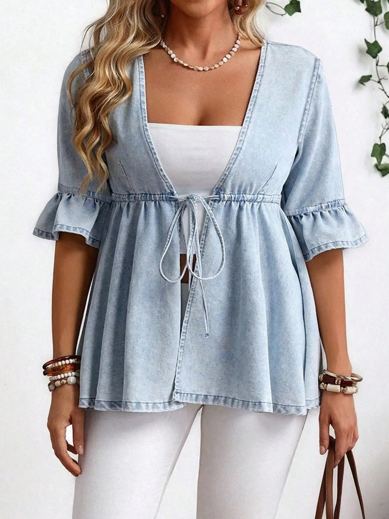 Women’s Tie-Front Drawstring Ruffle Denim Top – Cute Deep V-Neck Peplum Blouse for Summer Date Night & Vacation