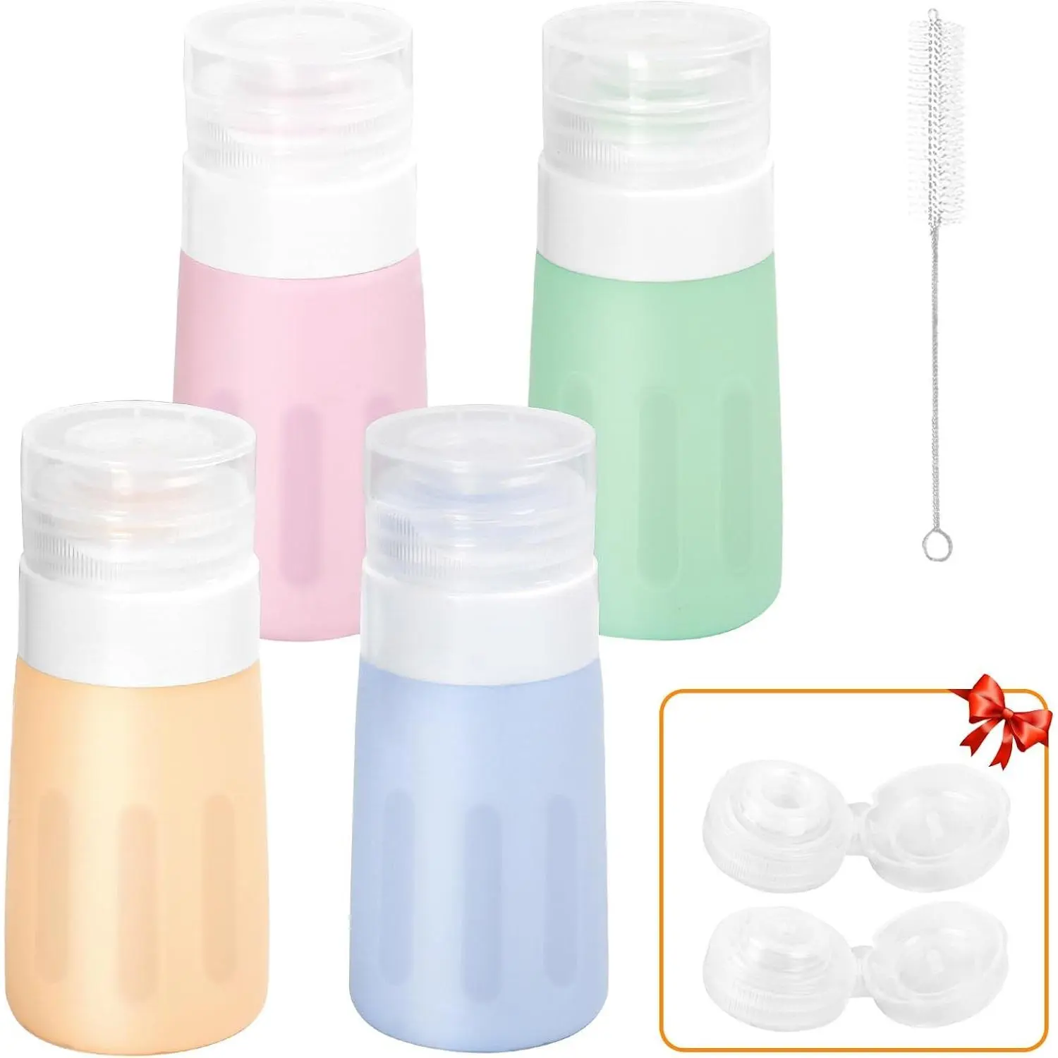 4Pcs Thick Smooth 2 Oz Silicone Condiment Squeeze Bottles - Leakproof, Portable, Wide Mouth Shaker Containers with Brush for Sauces, Salad Dressing, Lunch Travel