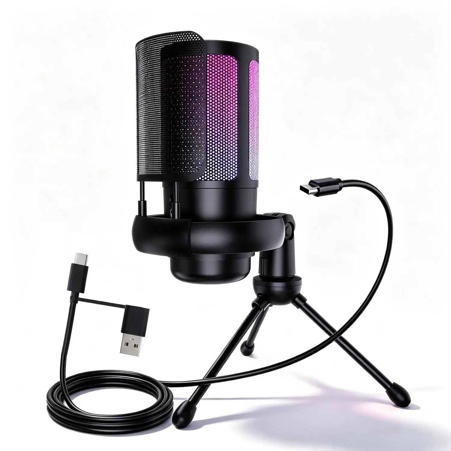 Gaming USB Microphone, RGB Condenser Mic with Shockproof Tripod, Pop Filter, Noise Cancellation, Gain Control, Mute, Reverb, Plug & Play, RGB Light Mic