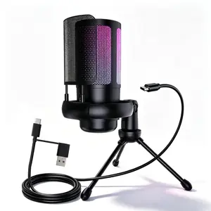 Gaming USB Microphone, RGB Condenser Mic with Shockproof Tripod, Pop Filter, Noise Cancellation, Gain Control, Mute, Reverb, Plug & Play, RGB Light Mic